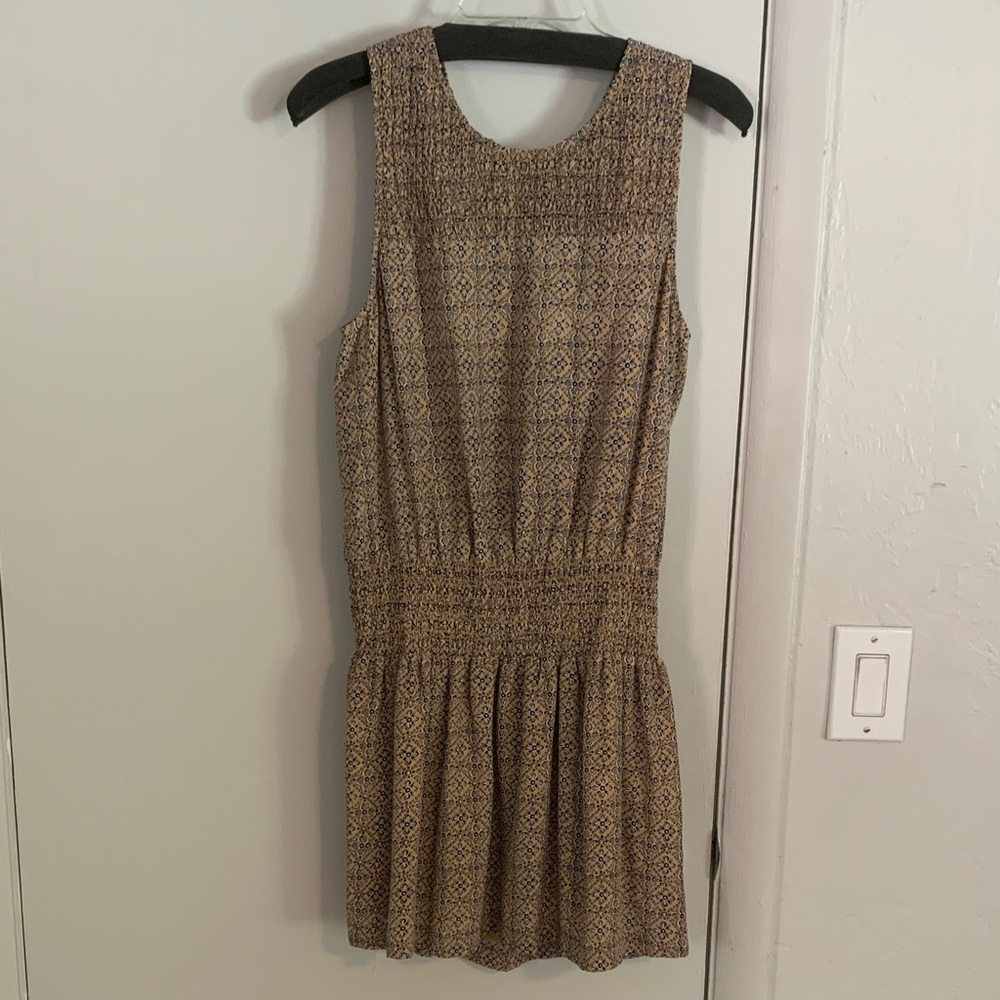 Joie Tan Patterned Sleeveless Smocked Waist Mini Dress